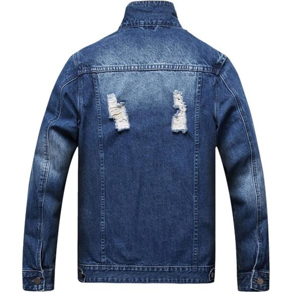 Dark Blue Distressed Jean Jacket Ripped Acid Wash Slim‎ Denim Trucker Jacket - Picture 3 of 7